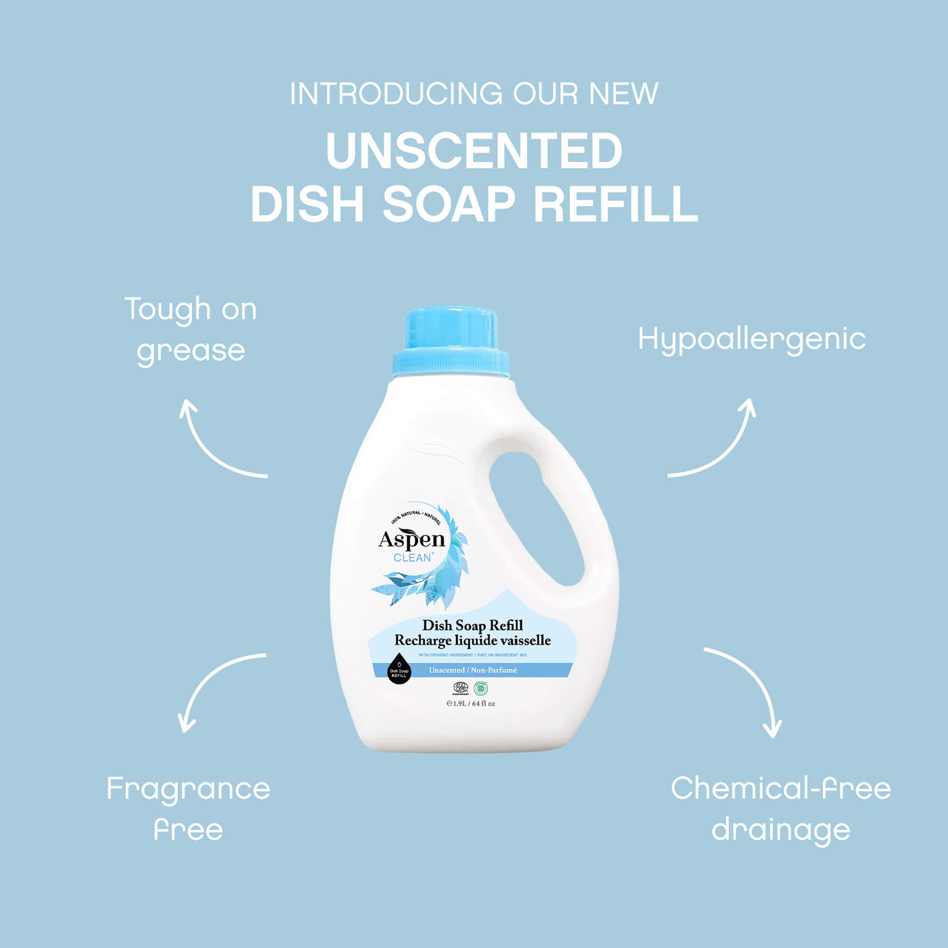 AspenClean refill dish soap Unscented is hypoallergenic, chemical-free drainage, and tough on grease.