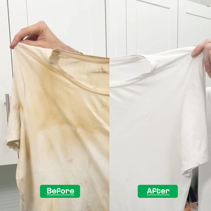 Best Natural Stain Remover, Oxygen Bleach Powder, EWG Verified, Before/After on a white tshirt with stains