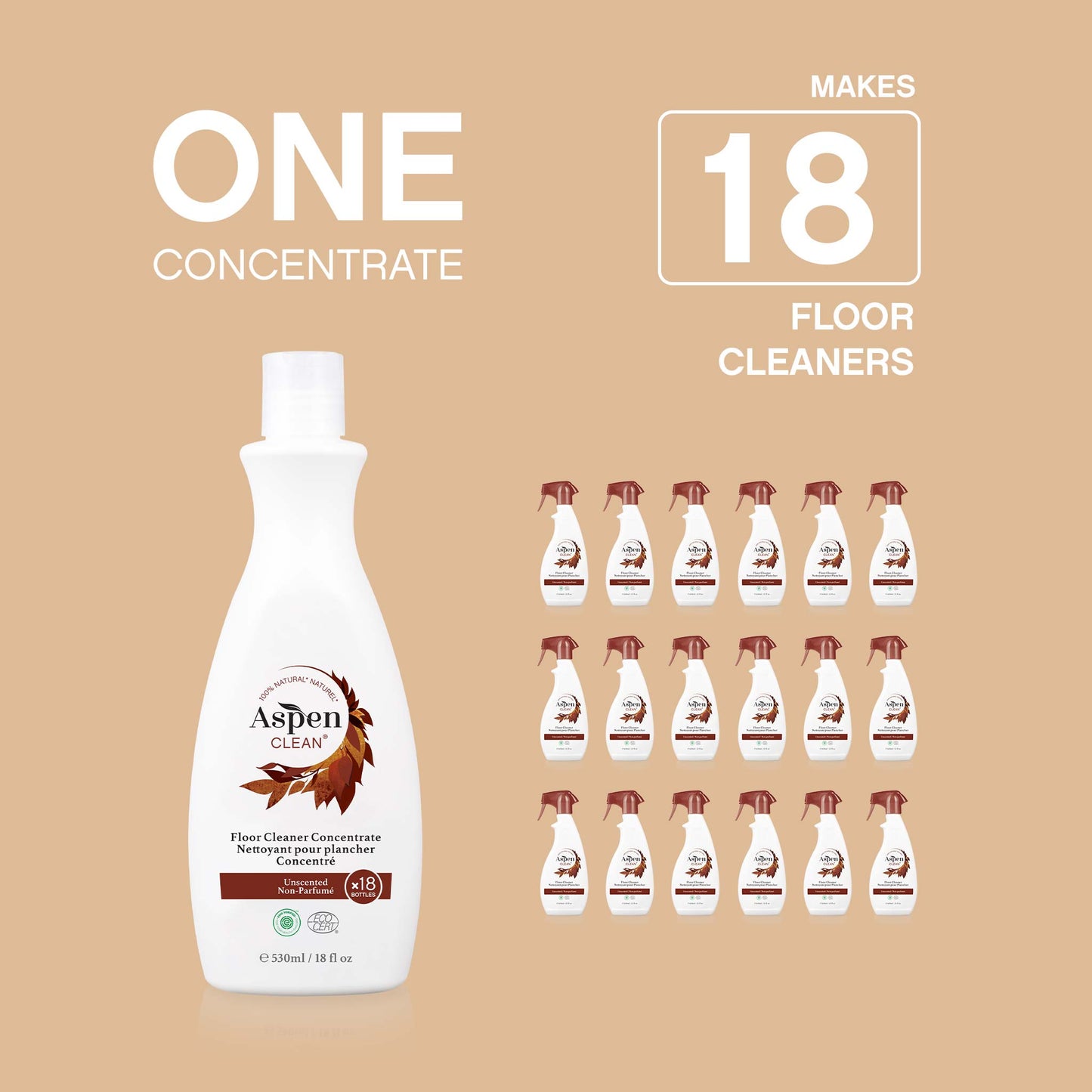 One AspenClean Floor Concentrate 530ml makes 18 regular Floor Cleaners