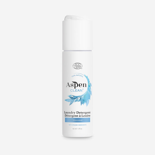 A small, travel-sized bottle of AspenClean unscented liquid laundry detergent, perfect for sensitive skin and fragrance-free cleaning on the go.