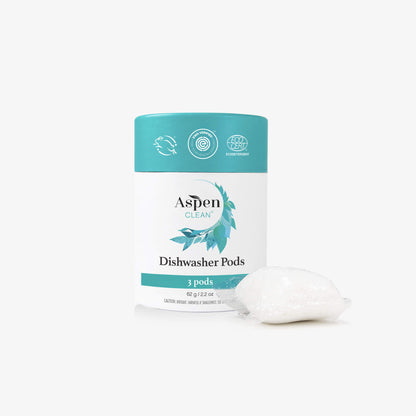 A small, portable pack of AspenClean dishwasher pods, perfect for efficient, eco-friendly dishwashing while traveling.
