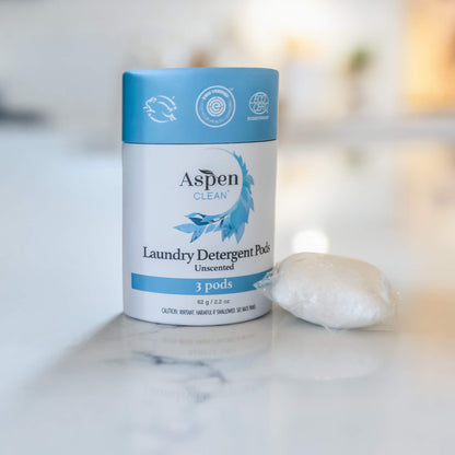 AspenClean laundry detergent pods travel size in the kitchen