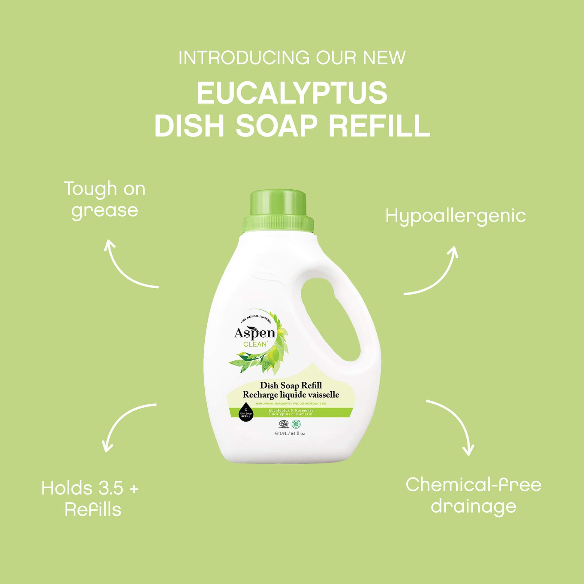 AspenClean refill dish soap Eucalyptus is hypoallergenic, chemical-free drainage, and tough on grease.