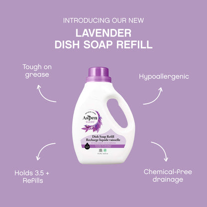 AspenClean refill dish soap lavender is hypoallergenic, chemical-free drainage, and tough on grease.