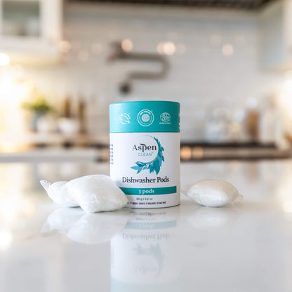 AspenClean dishwasher pods on a kitchen counter