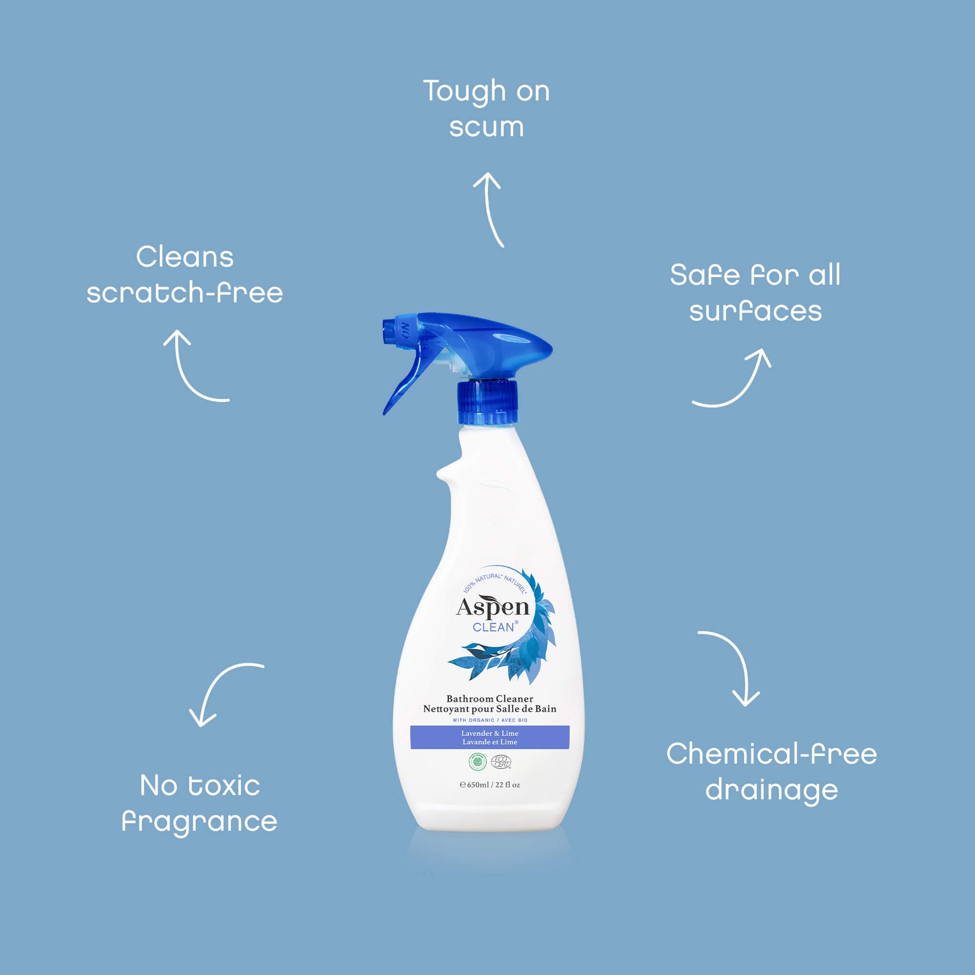AspenClean Bathroom Cleaner is Tough on scum and safe for all surfaces