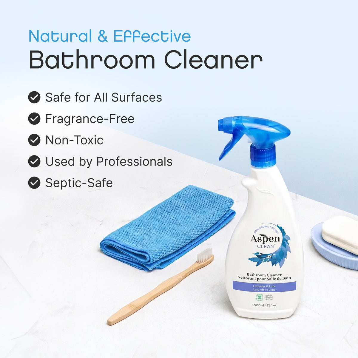 AspenClean Bathroom Cleaner is Tough on scum and safe for all surfaces