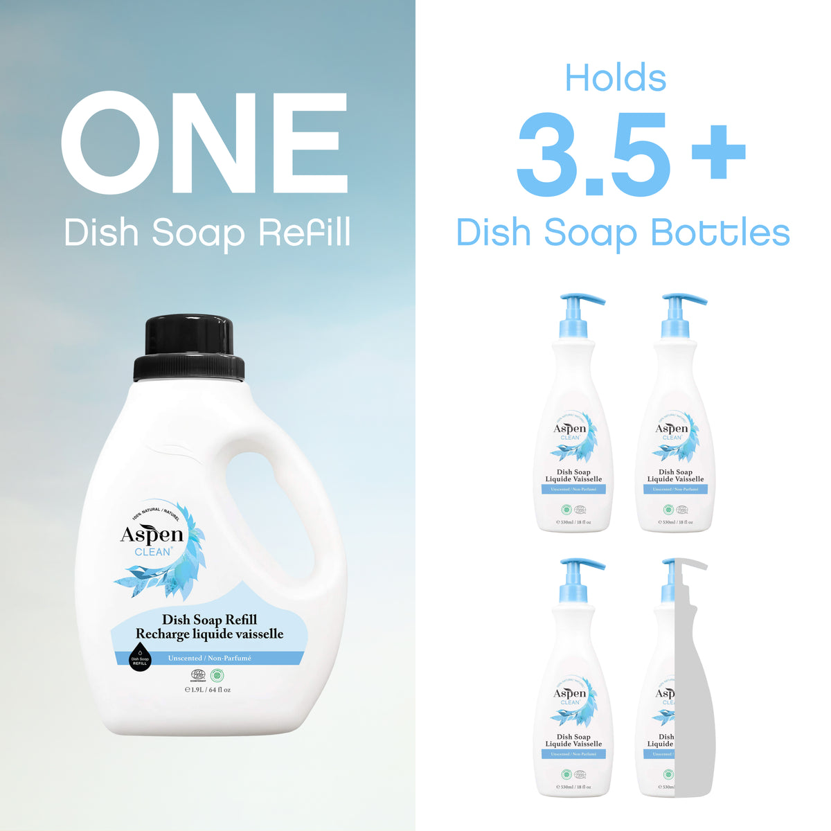 AspenClean Dish Soap Refill Unscented makes 3.5+ dish soap bottles.