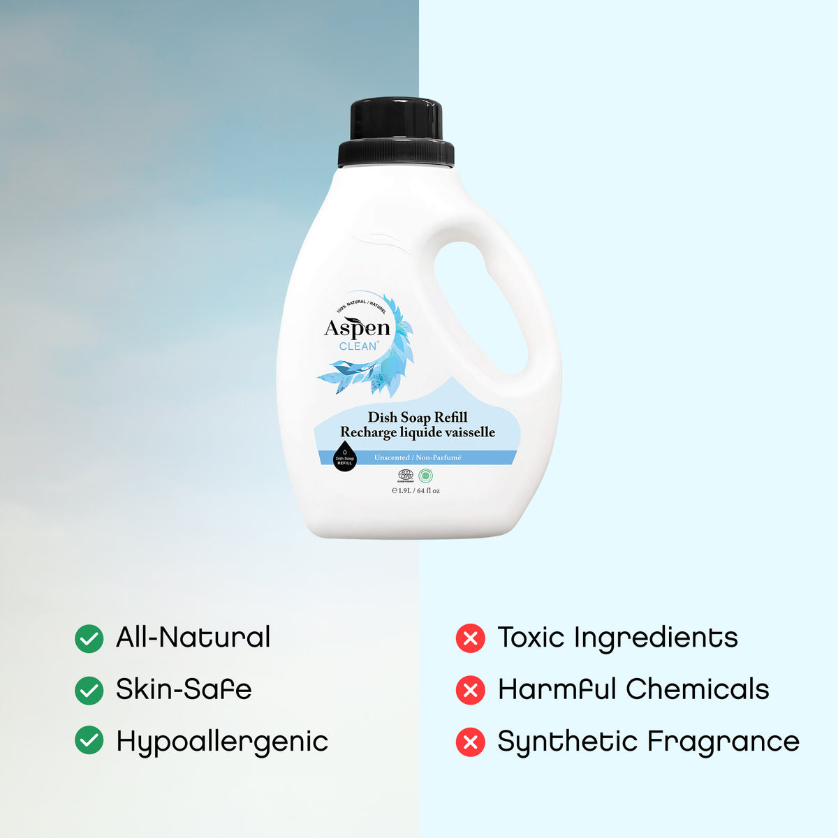 AspenClean refill dish soap Unscented is hypoallergenic, chemical-free drainage, and tough on grease.