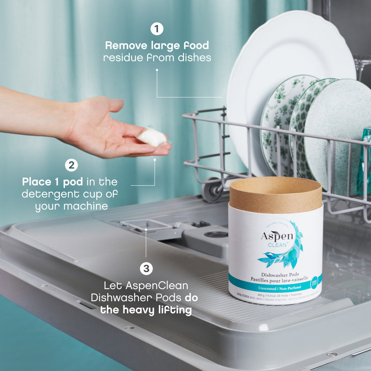 Eco- friendly Dishwasher Pods, Septic safe, Unscented, How to use dishwasher pods, AspenClean