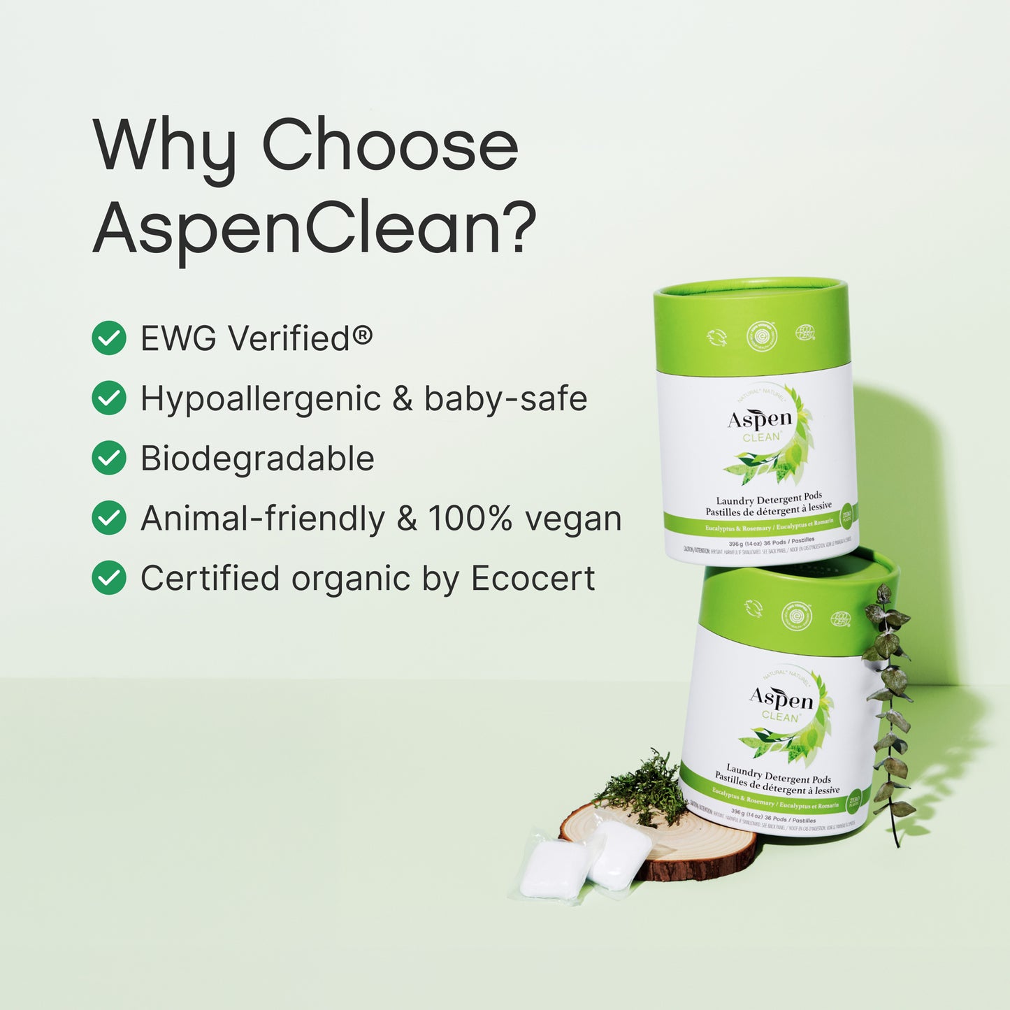 Aspen Clean Laundry Pods in Eucalyptus & Rosemary scent is Hypoallergenic & baby-safe, Biodegradable and Animal-friendly & 100% vegan