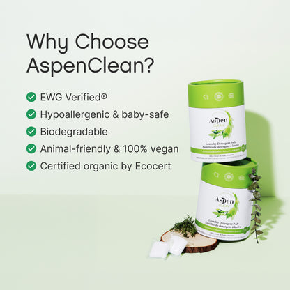 Aspen Clean Laundry Pods in Eucalyptus & Rosemary scent is Hypoallergenic & baby-safe, Biodegradable and Animal-friendly & 100% vegan