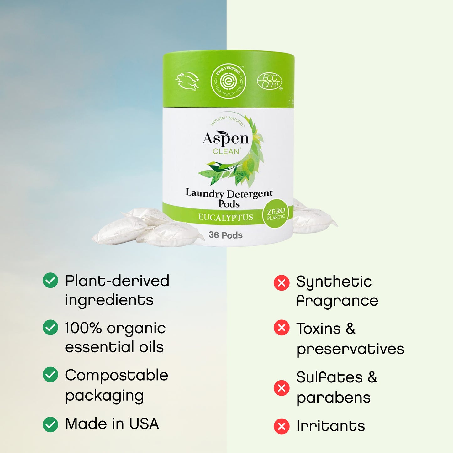 Aspen Clean Laundry Pods Eucalyptus & Rosemary features