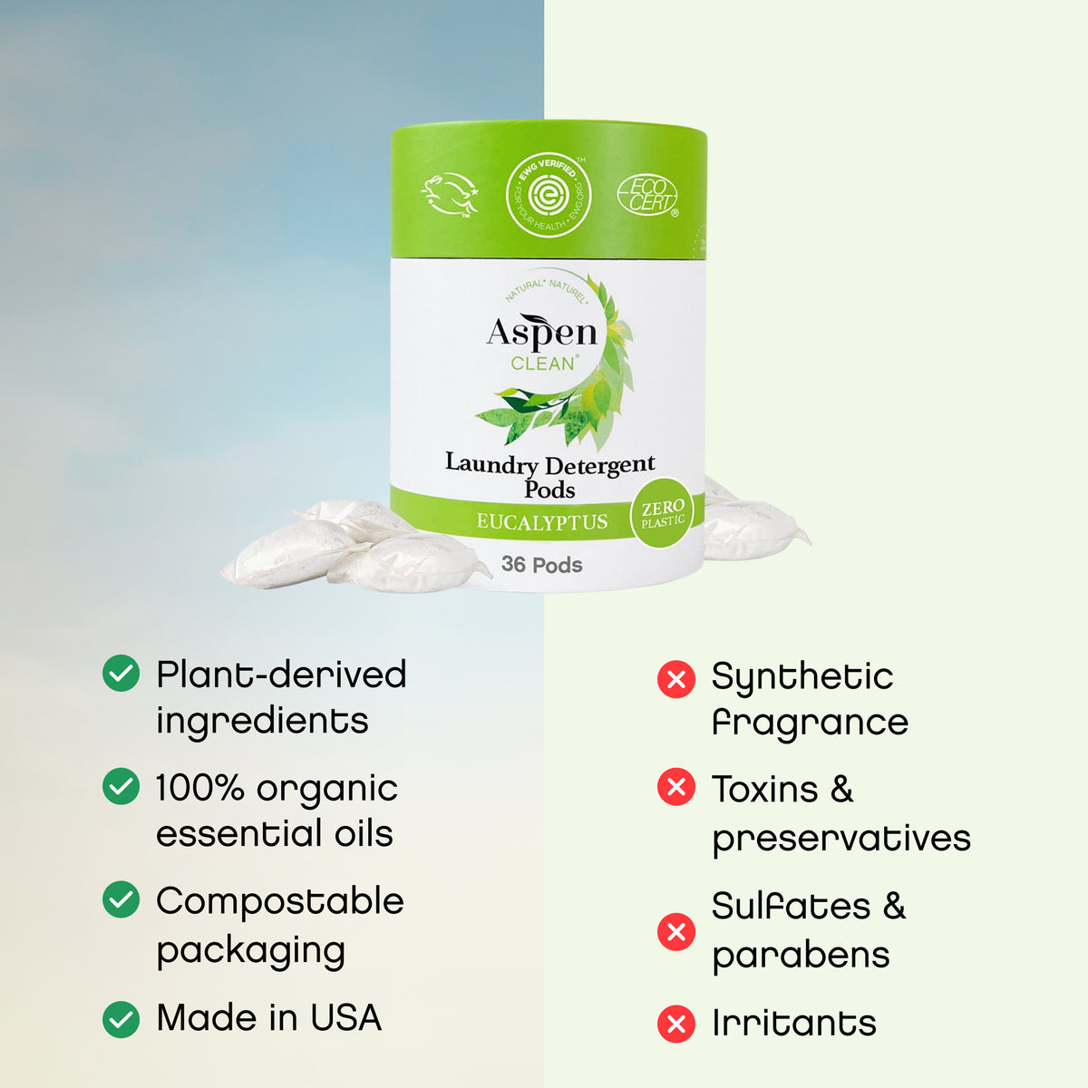 Aspen Clean Laundry Pods Eucalyptus & Rosemary features