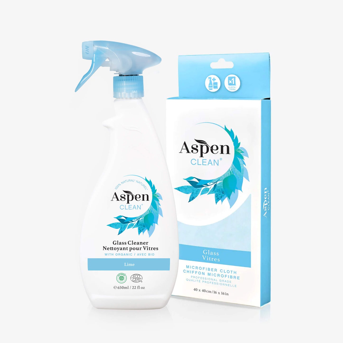AspenClean Glass Cleaner 650ml and Glass Microfiber Cloth Kit