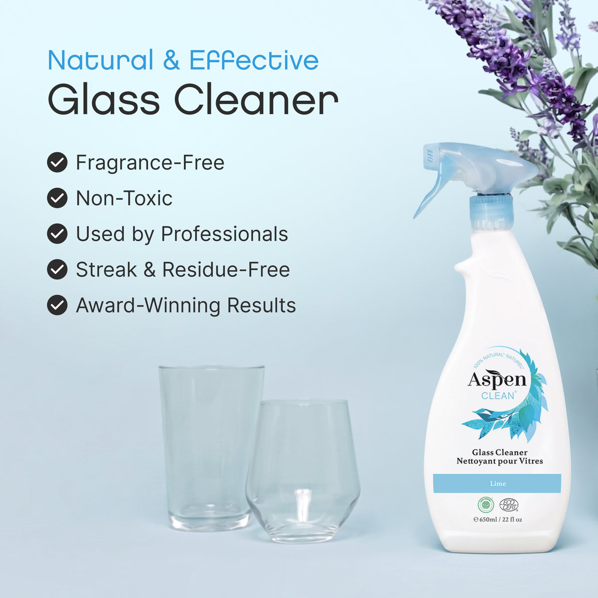 AspenClean glass cleaner is 'Natural & Effective Glass Cleaner' with fragrance-free, non-toxic, professional use, residue-free, and award-winning results.