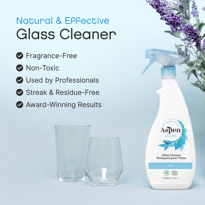 AspenClean glass cleaner is 'Natural & Effective Glass Cleaner' with fragrance-free, non-toxic, professional use, residue-free, and award-winning results.