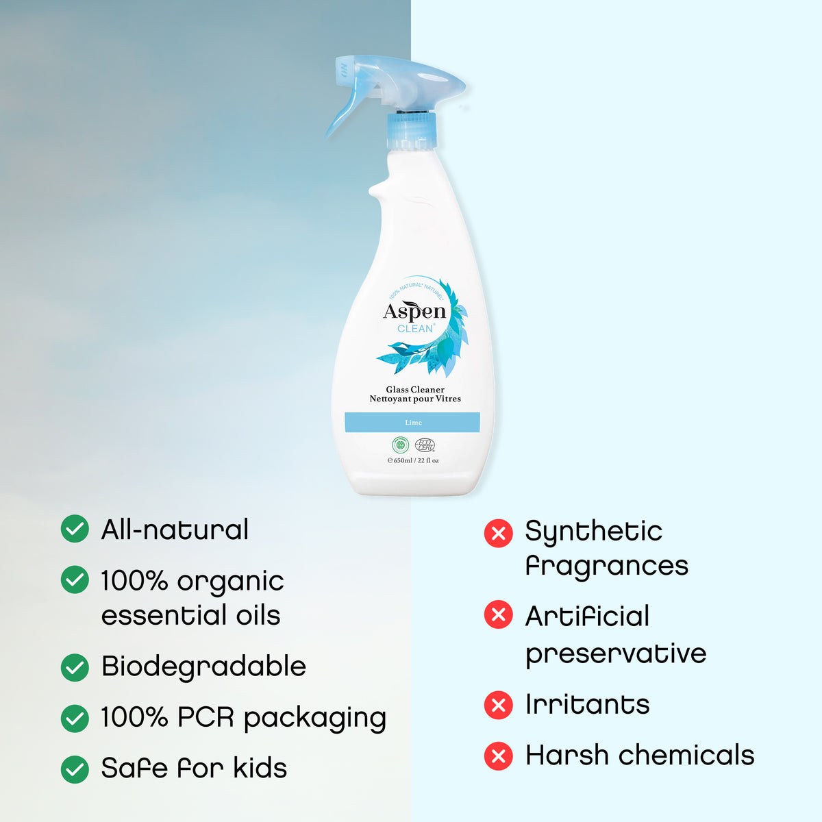 AspenClean Glass Cleaner is All-natural, 100% organic essential oils, Biodegradable,  100% PCR packaging, Safe for kids