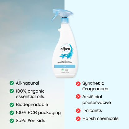 AspenClean Glass Cleaner is All-natural, 100% organic essential oils, Biodegradable,  100% PCR packaging, Safe for kids