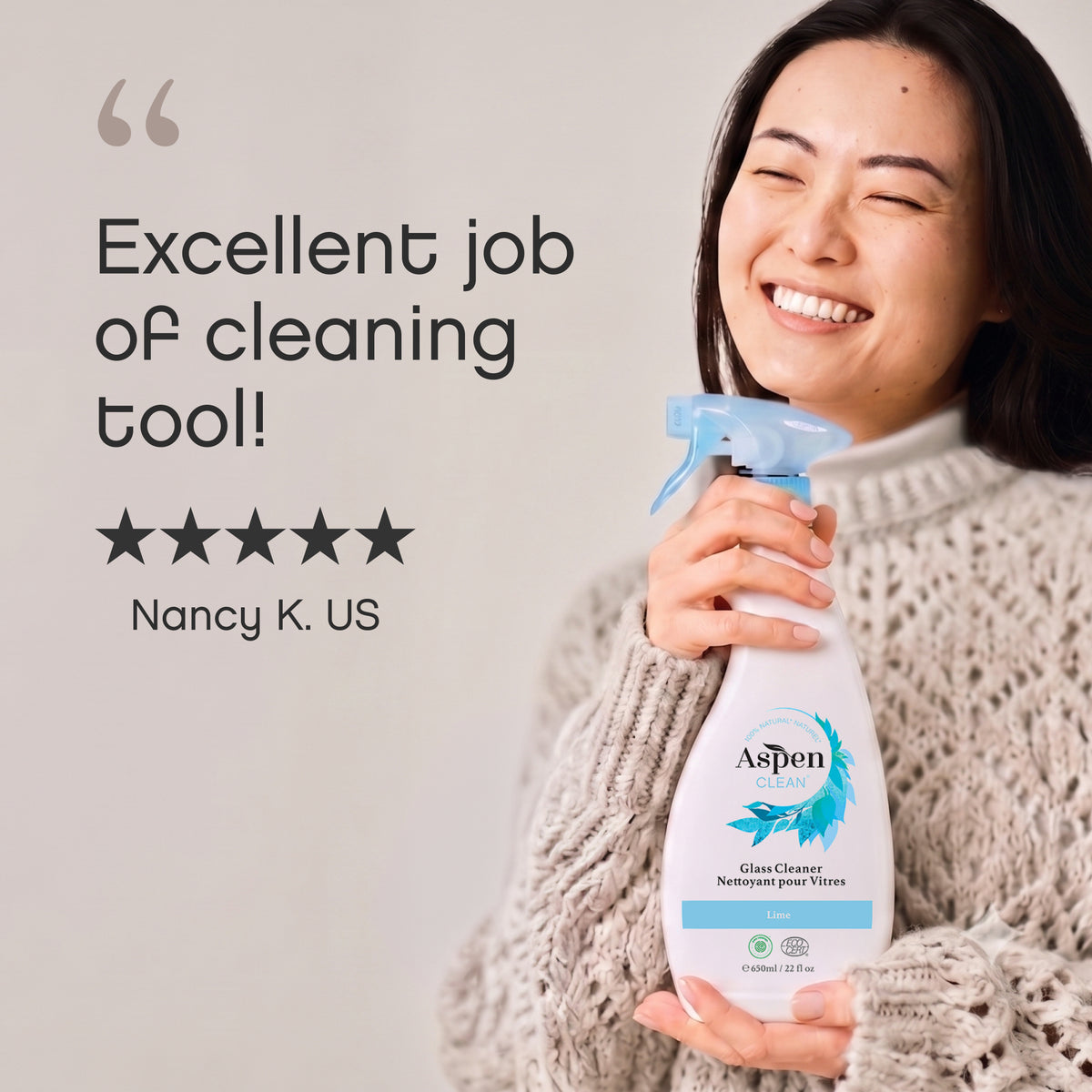 AspenClean glass cleaner review -  'Excellent job of cleaning tool!' with five stars and the name Nancy K.