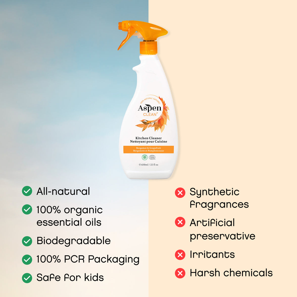 AspenClean Kitchen Cleaner is All-natural, 100% organic essential oils, Biodegradable, 100% PCR Packaging and Safe for kids