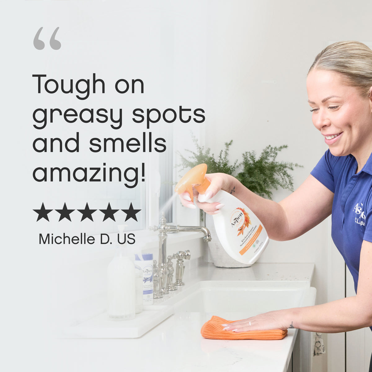 AspenClean kitchen cleaner review - 'Tough on greasy spots and smells amazing!' with a five-star rating and the name Michelle D.