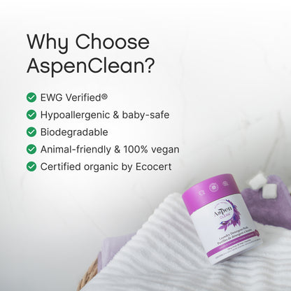 AspenClean Lavender Laundry Pods are Hypoallergenic & baby-safe, Biodegradable, Animal-friendly & 100% vegan