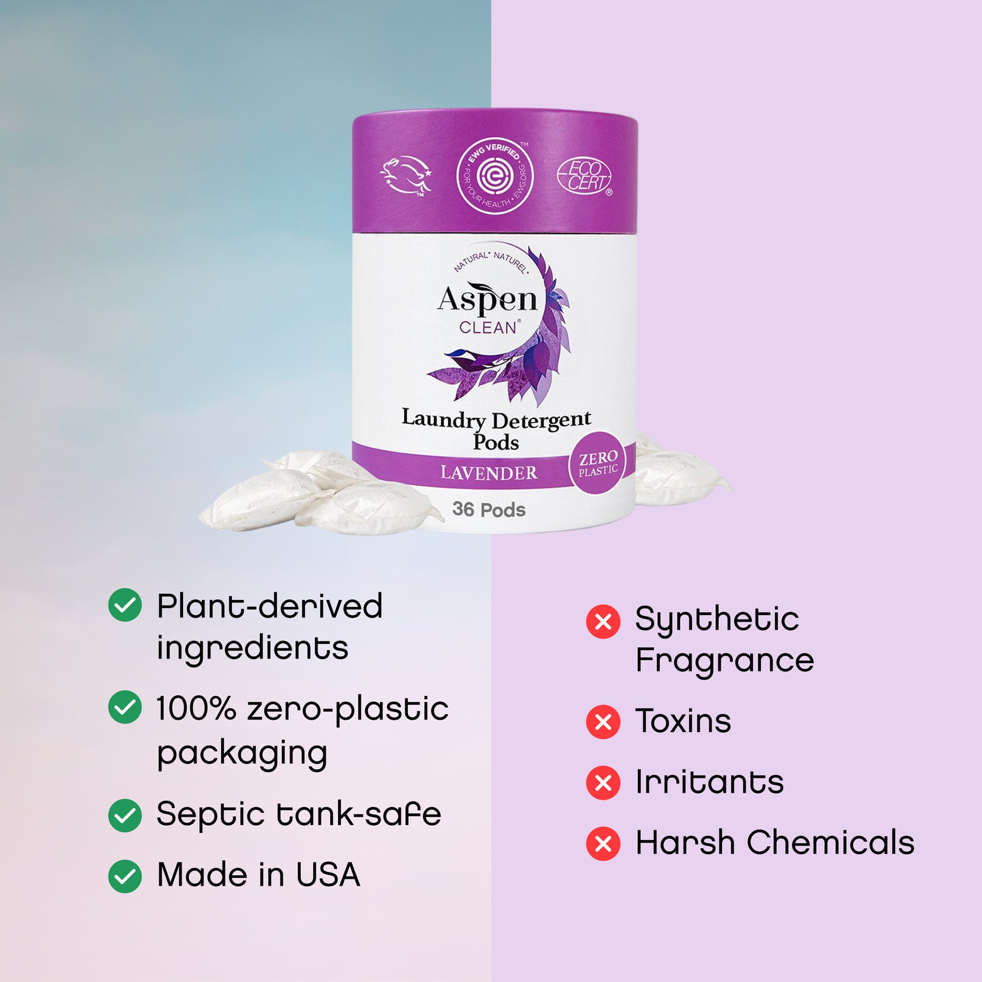 AspenClean Lavender Laundry Pods features