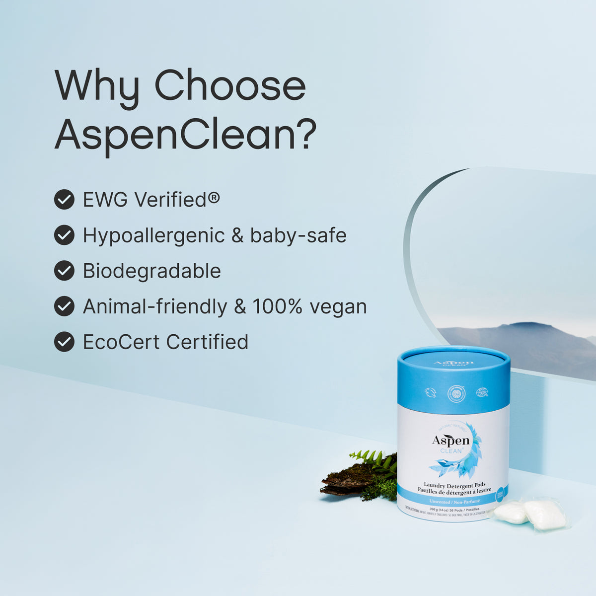 AspenClean Unscented Laundry Pods are Hypoallergenic & baby-safe, Biodegradable, Animal-friendly & 100% vegan