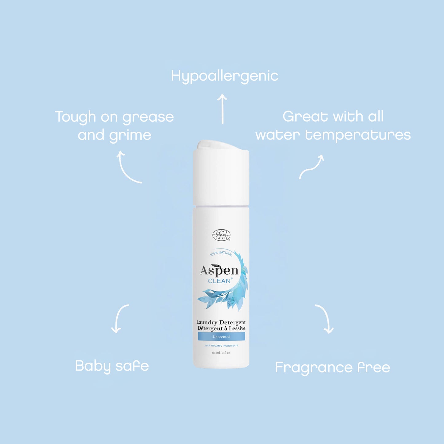 AspenClean Laundry detergent unscented travel size features