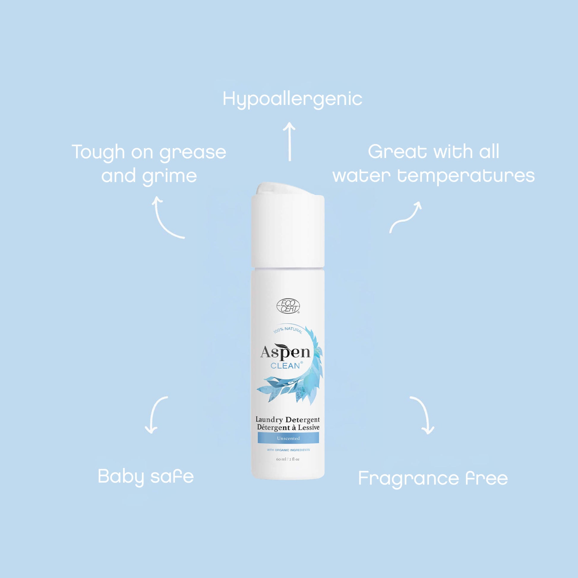 AspenClean Laundry detergent unscented travel size features