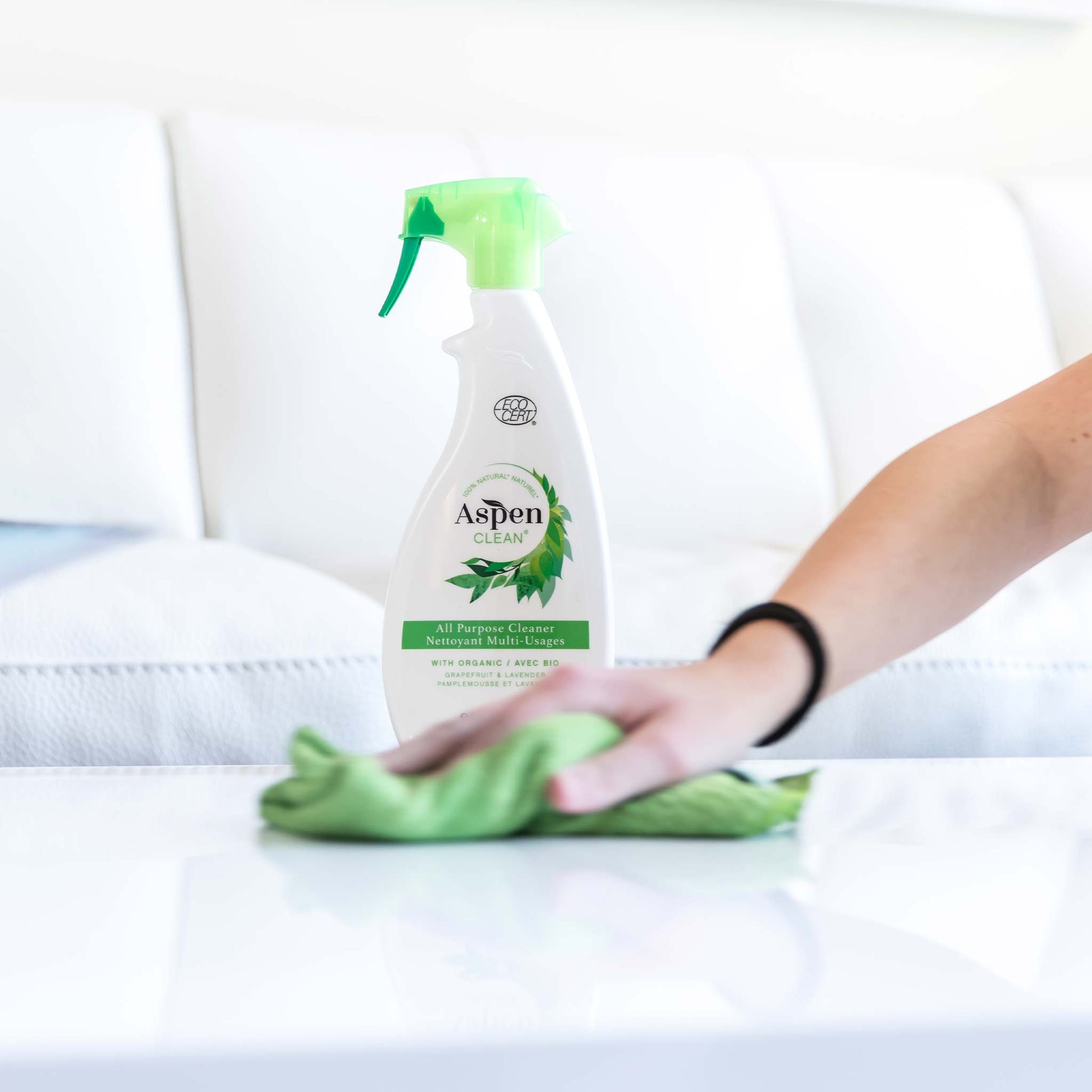 A person using All Purpose Cleaner & Microfiber Cloth Kit
