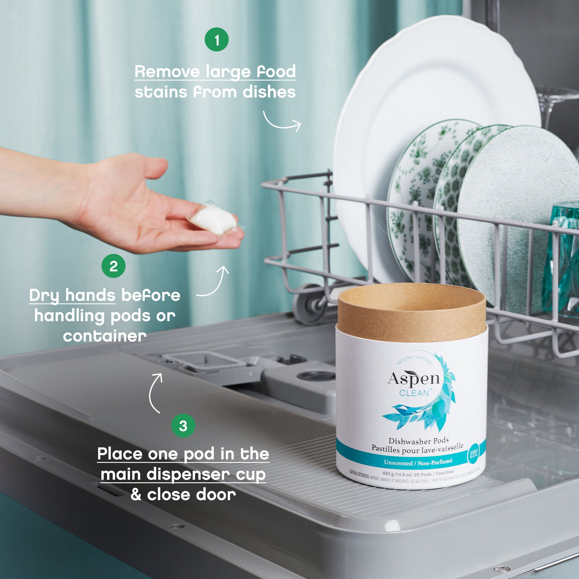 Eco- friendly Dishwasher Pods, Septic safe, Unscented, How to use dishwasher pods, AspenClean