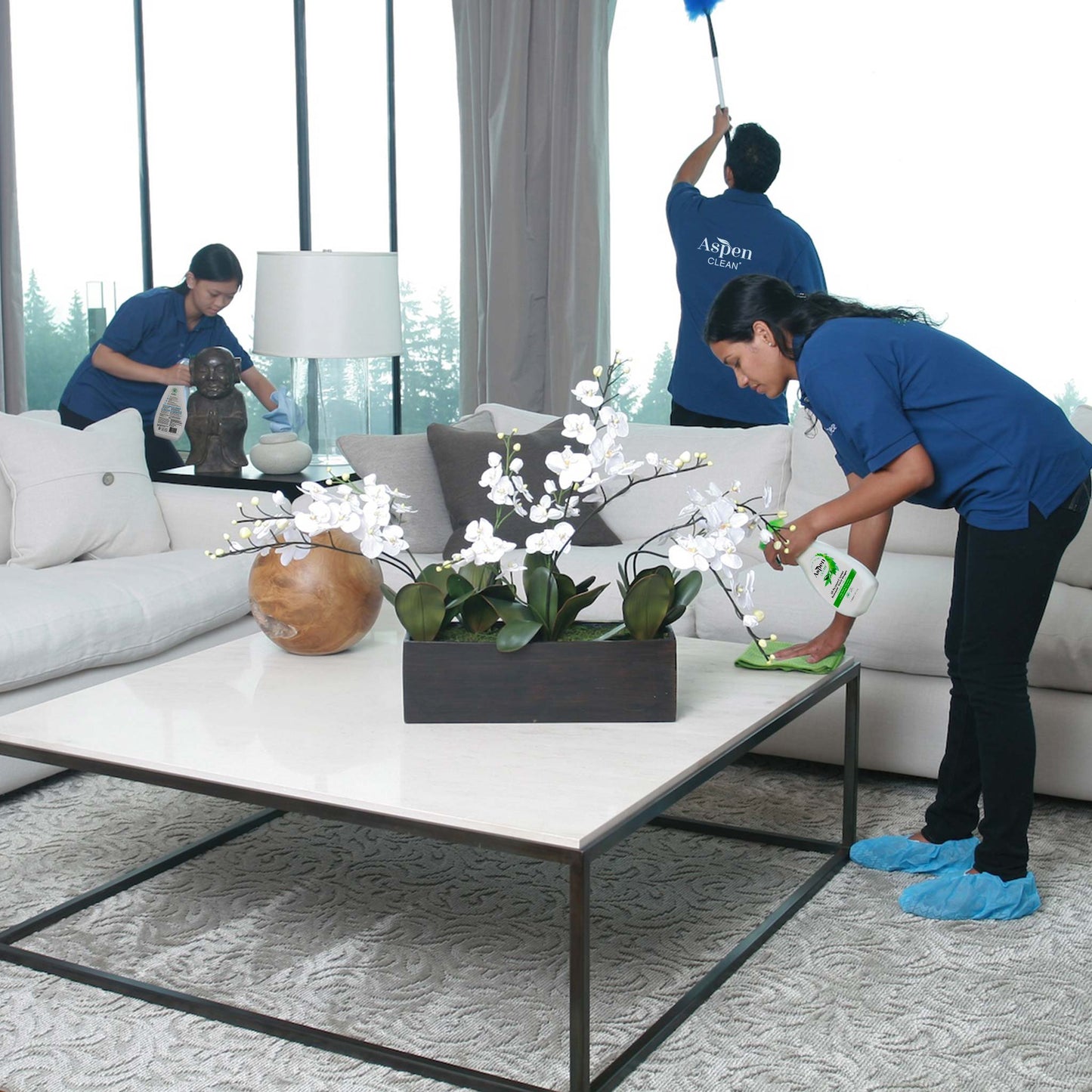 Professional cleaners enjoying using green cleaning products made by AspenClean to clean a house